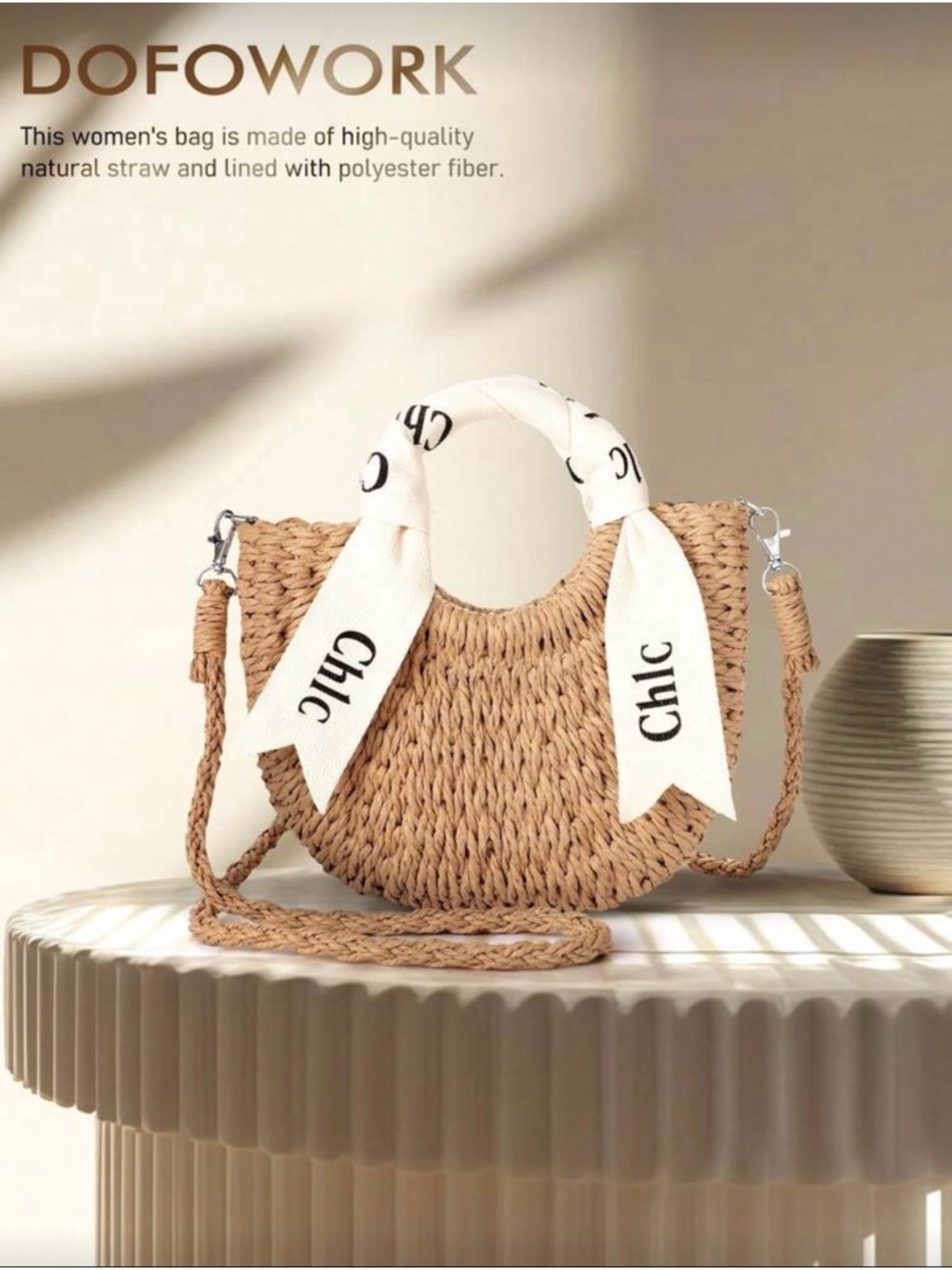 NWT Half Round Straw Tote Bag: Designer
Handwoven  with Logo Scarf -